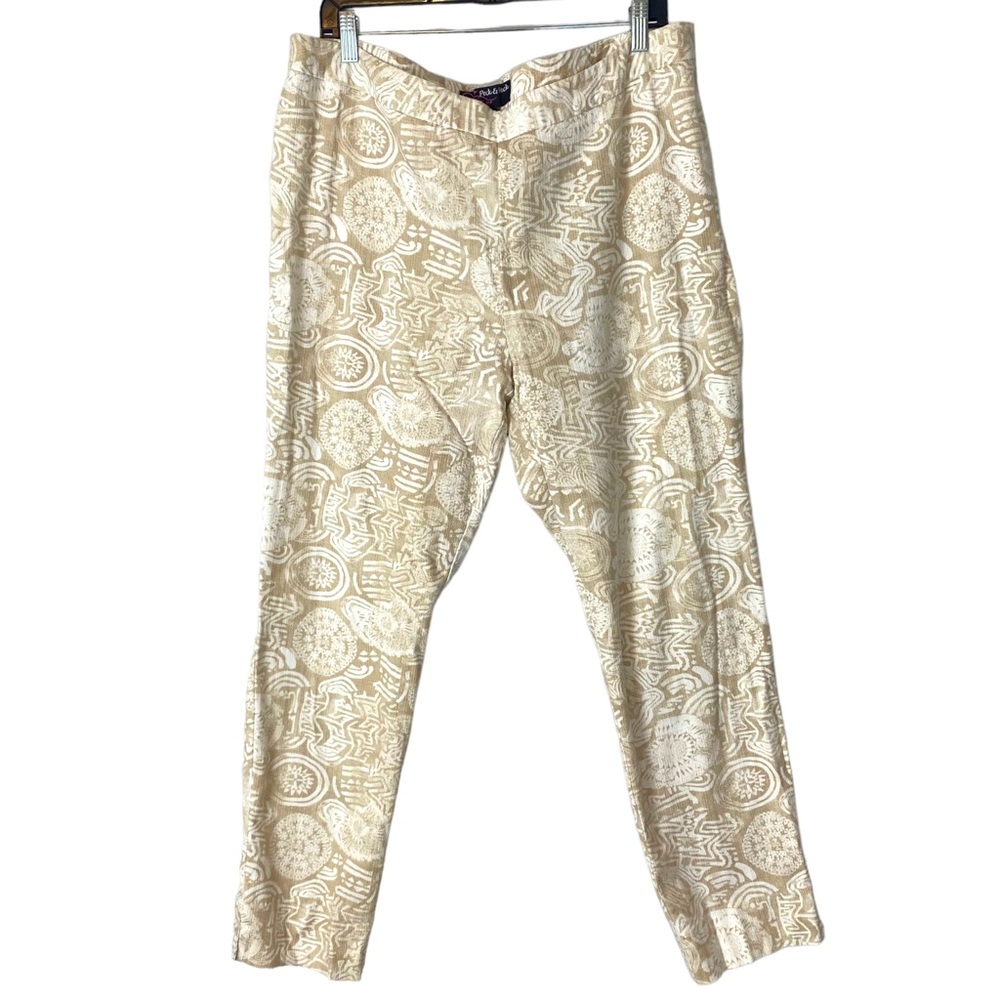 Peck & Peck Tan/Cream Textured Printed Slim Leg Trousers Size 16